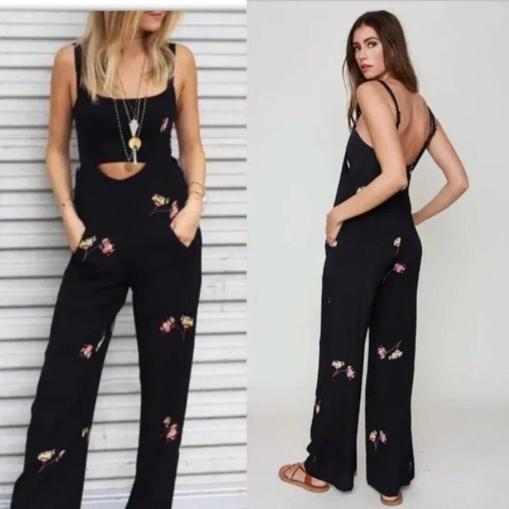 Flynn Skye Easy Rider Jumpsuit XS Black Floral Rayon Wide Leg Boho Festival